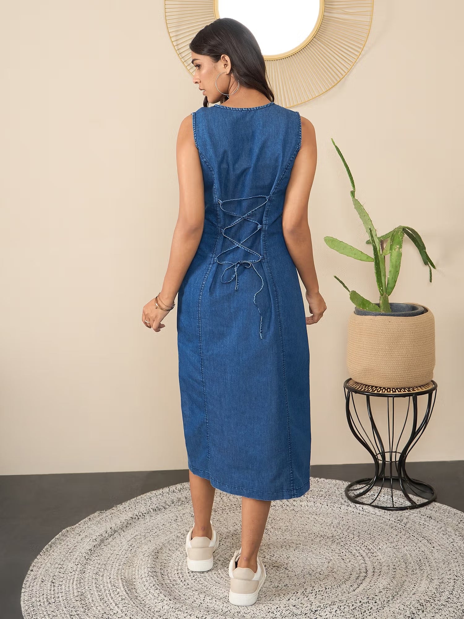Womens Denim Midi Dress with Side Cut