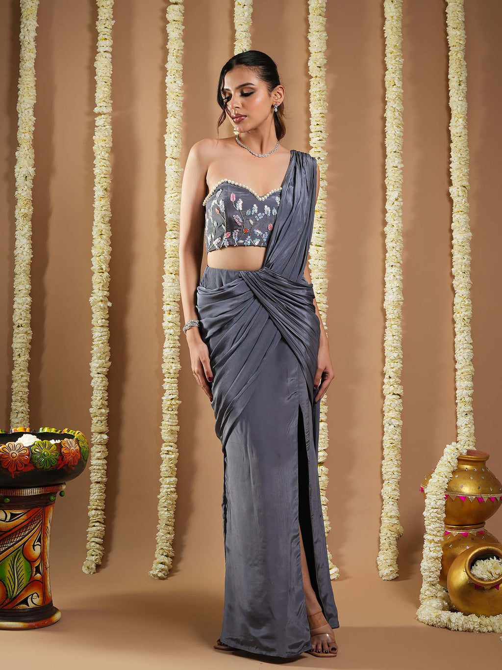 Ready to wear grey ruched saree