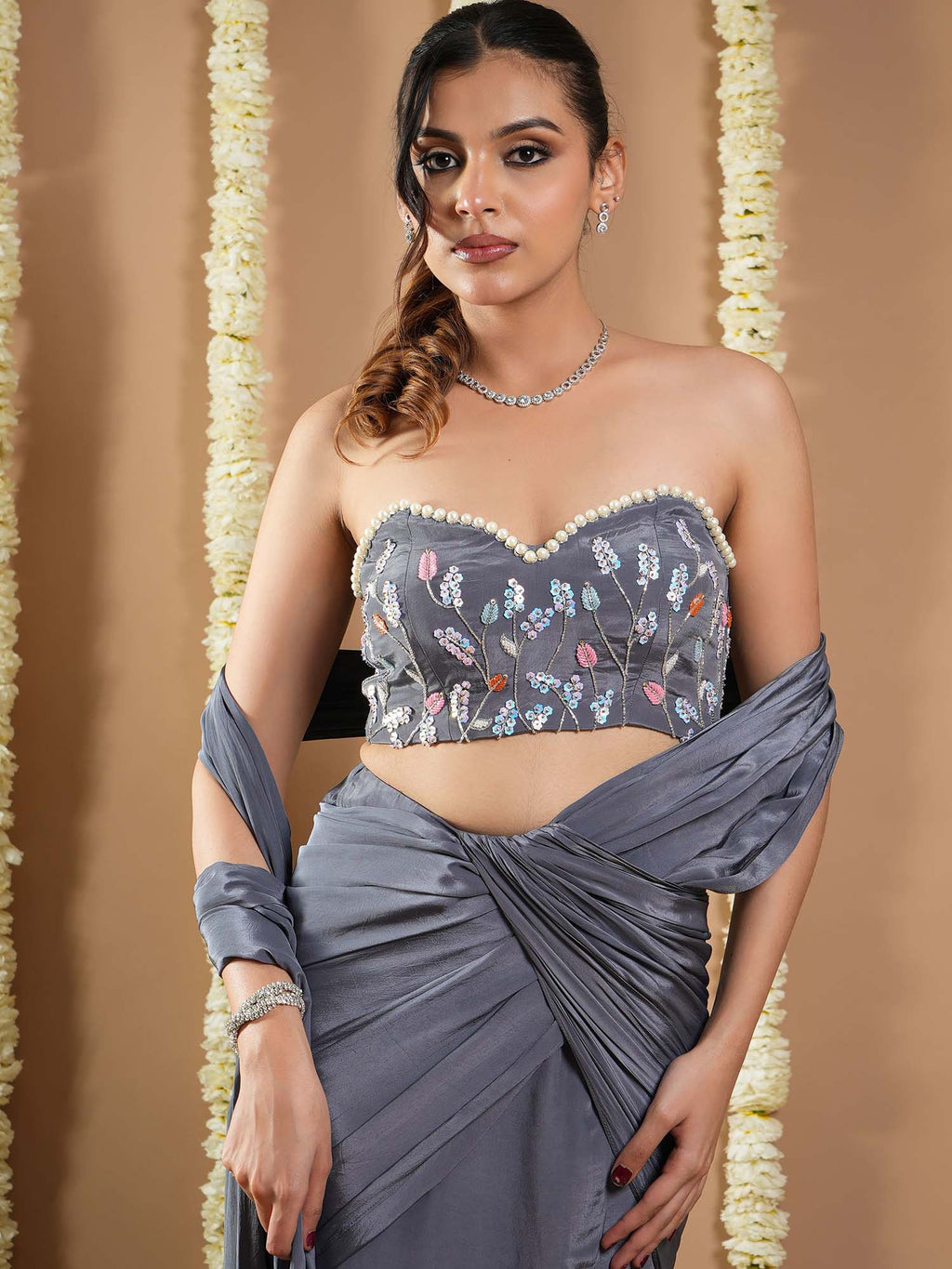 Ready to wear grey ruched saree