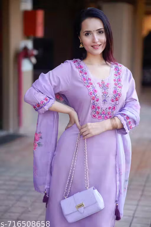 Cotton Blend Floral Embroidered Kurta Pant