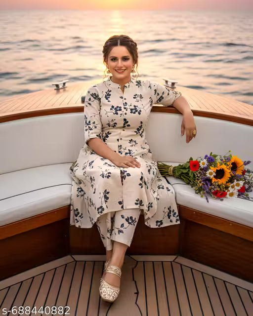 Jaipuri Cotton Off White And Green 2pc Set