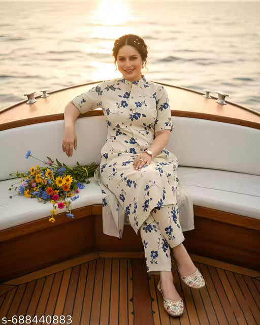 Jaipuri Cotton Off White And blue 2pc Set