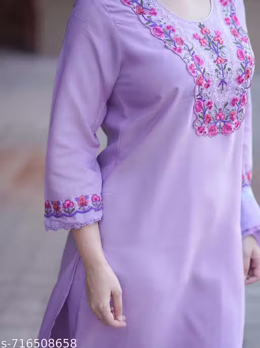 Cotton Blend Floral Embroidered Kurta Pant
