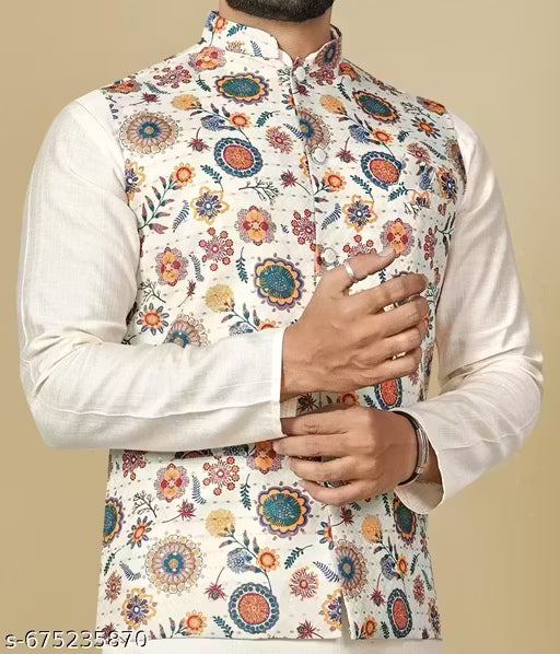 Designer Floral Printed Nehru Koti for Men