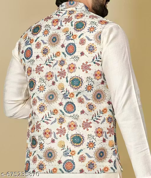 Designer Floral Printed Nehru Koti for Men