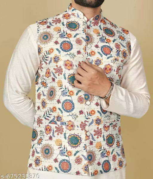 Designer Floral Printed Nehru Koti for Men